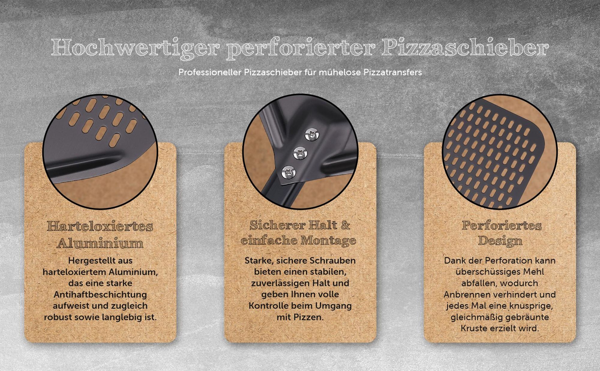 PizzaLover Pizza Schieber harteloxiertes Aluminium perforiertes Design geeignet für Pizzabäcker