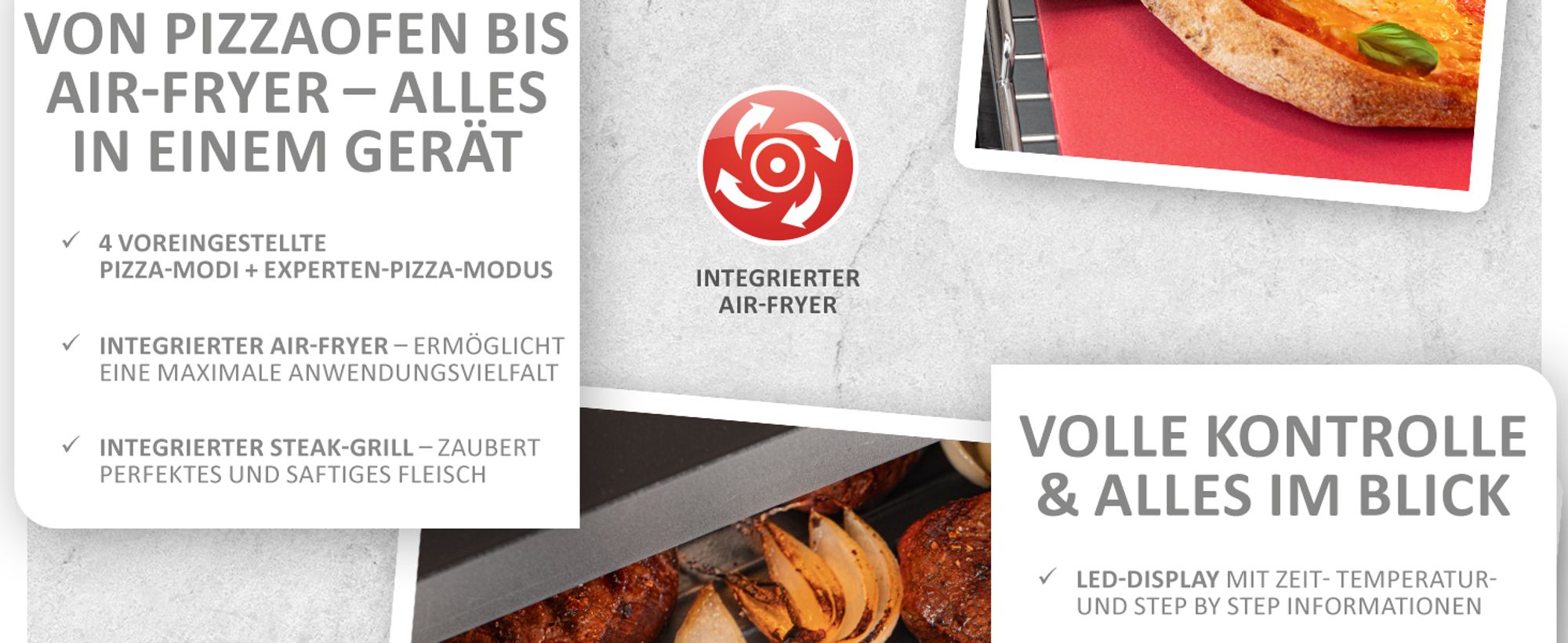 Genius Chef elektrischer Pizzaofen 10 in 1 8 tlg, 400°C, 2000 Watt, integrierter Airfryer, Steakgrill, Pizzastein und Pizzaschieber inklusive, 4 Modi