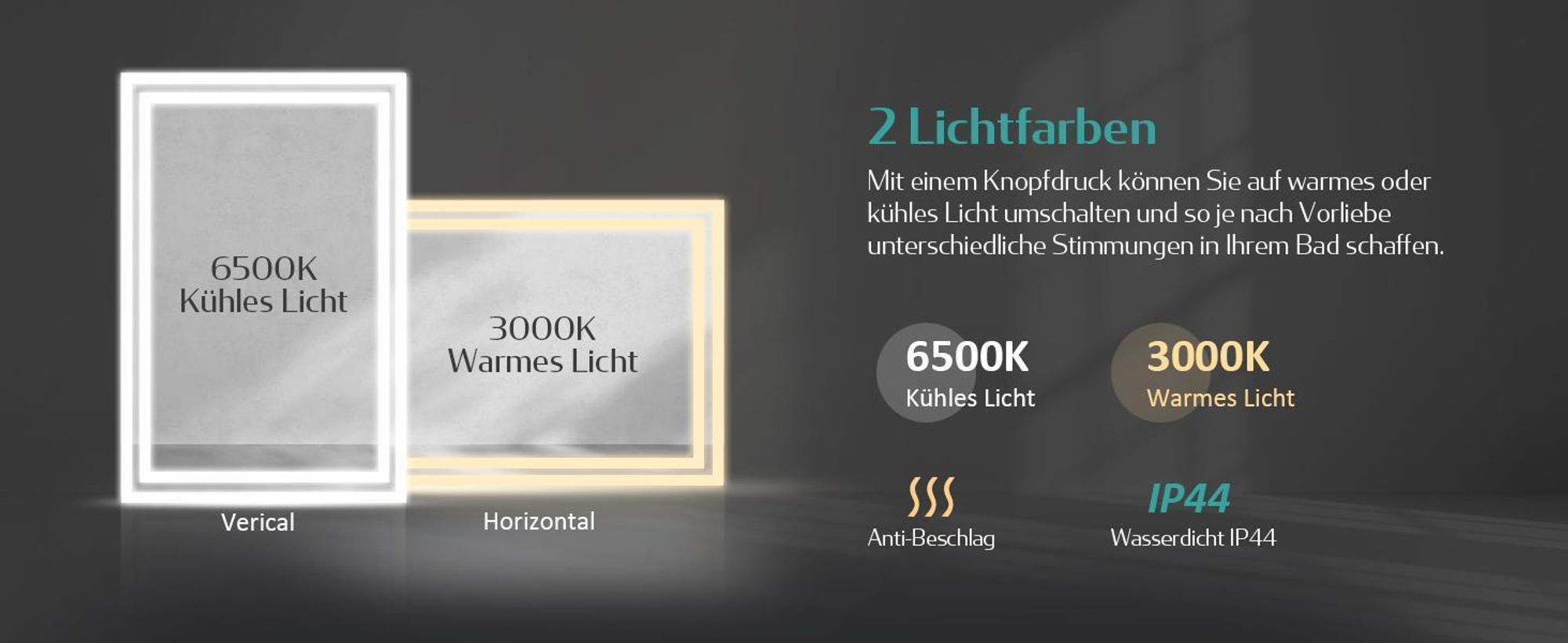 EMKE LED Badspiegel mit Beleuchtung 120X60 cm Antibeschlag, Wandspiegel Badezimmerspiegel mit mechanischem Schalter, 3000K/6500K Lichtfarben, IP44