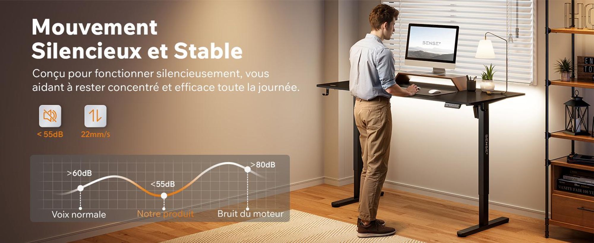 SENSE7 NOJO LIGHT Bureau réglable en hauteur Électrique 120 x 60 cm Noir Bureau gaming Bureau d'ordinateur Bureau debout Memory Bureau pour le télétravail