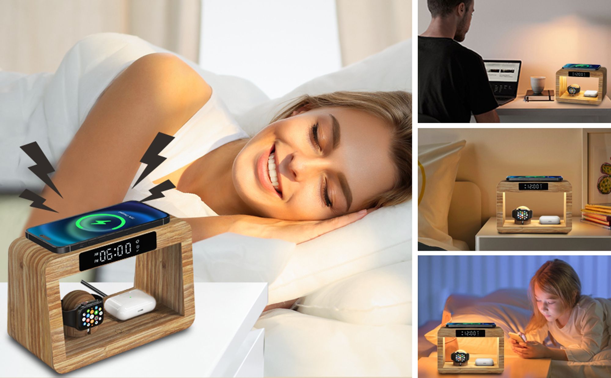 Wireless Ladestation mit Wecker Digital & Nachtlicht,5 in 1 Kabelloses Schnell-Ladegerät mit Adapter und Kabel, für iPhone, AirPods Pro, Apple Watch