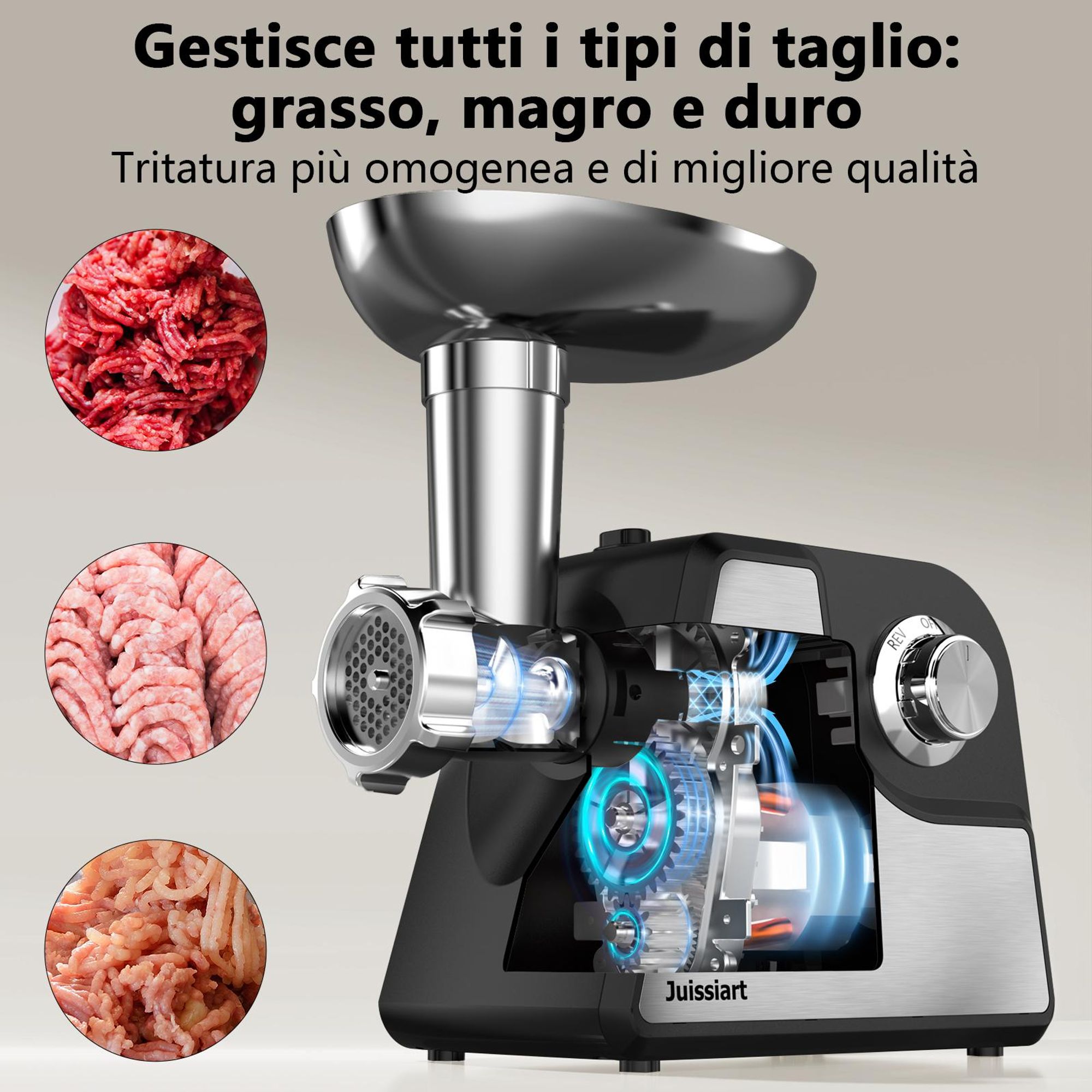 Juissiart MG4150R Tritacarne - Potenza 300W resa di carne 1.2KG/Min materiale della lama acciaio 420 per metallurgia delle polveri - Nero