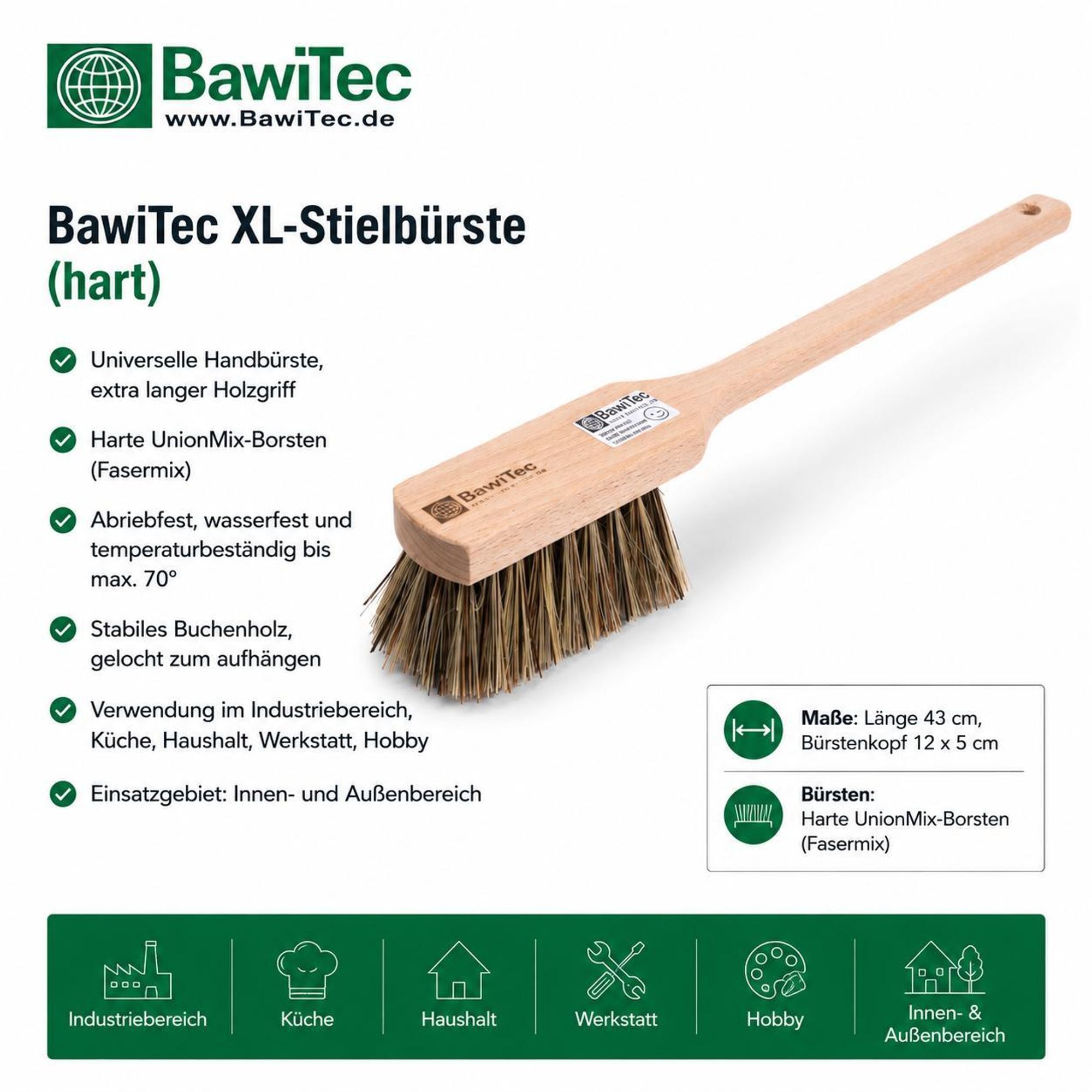 XL Stielbürste 43cm Lang harte Borsten UnionMix Langstiel Holz Bürste Reinigungsbürste hart Handbürste Holzbürste Schrubberbürste