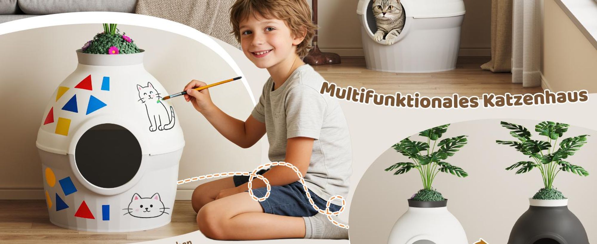 Mondeer 2-in-1 Katzentoilette & Schlafhöhle mit Deko-Pflanze, individuell gestaltbar, belüftet – inkl. Katzenangel und Schaufel Grau