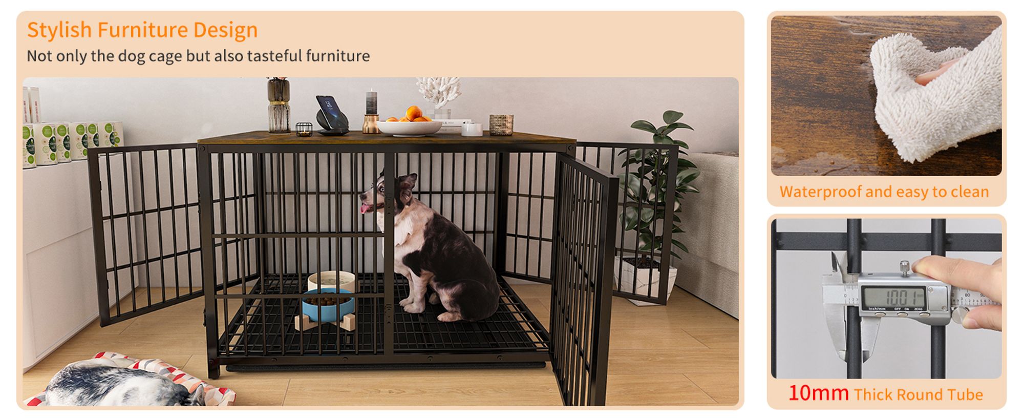 WISFOR Hundekäfig mit 3 Türen, Hundebox Hundehaus mit Tischoberfläche, Transportbox Drahtkäfig, Hundekiste Beistelltisch, XXL: 120x77x81.5cm, schwarz