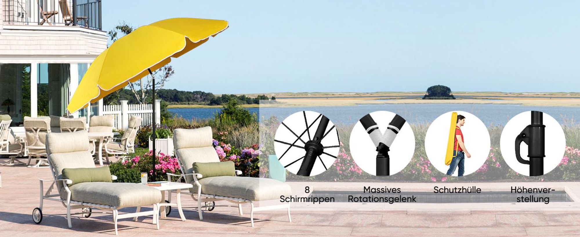 Sekey Sonnenschirm Rund Ø 160 cm Terrassen Gartenschirm Strandschirm mit kurbel & Schutzhülle Neigungswinkel und Höhe verstellbar, Gelb