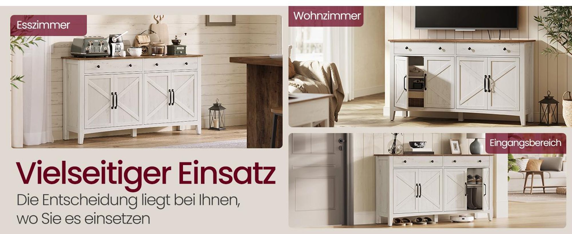VASAGLE Küchenschrank, Sideboard mit Schubladen, Aufbewahrungsschrank mit Türen, verstellbare Ablage, Landhausstil, für Wohnzimmer Küche Esszimmer