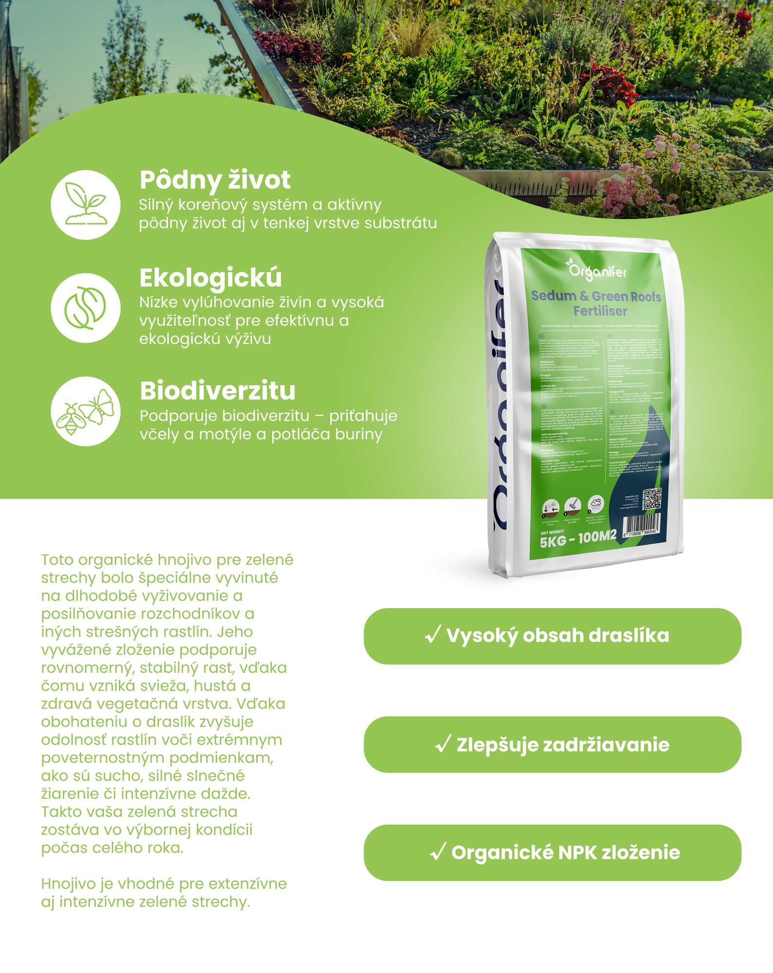 Hnojivo na rozchodníky a zelené strechy - 10 kg na 200 m2 - Organifer