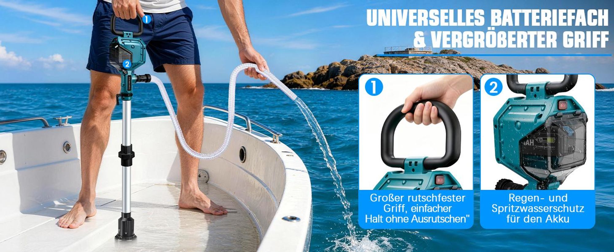 3600 L/h Akku Regenfasspumpe mit 2×4,0Ah 10m Förderhöhe Kabellose Stab-Transferpumpe Gartensprühdüse Wasserpumpe für Pool/Garten/Teich/Wohnmobil/Boot