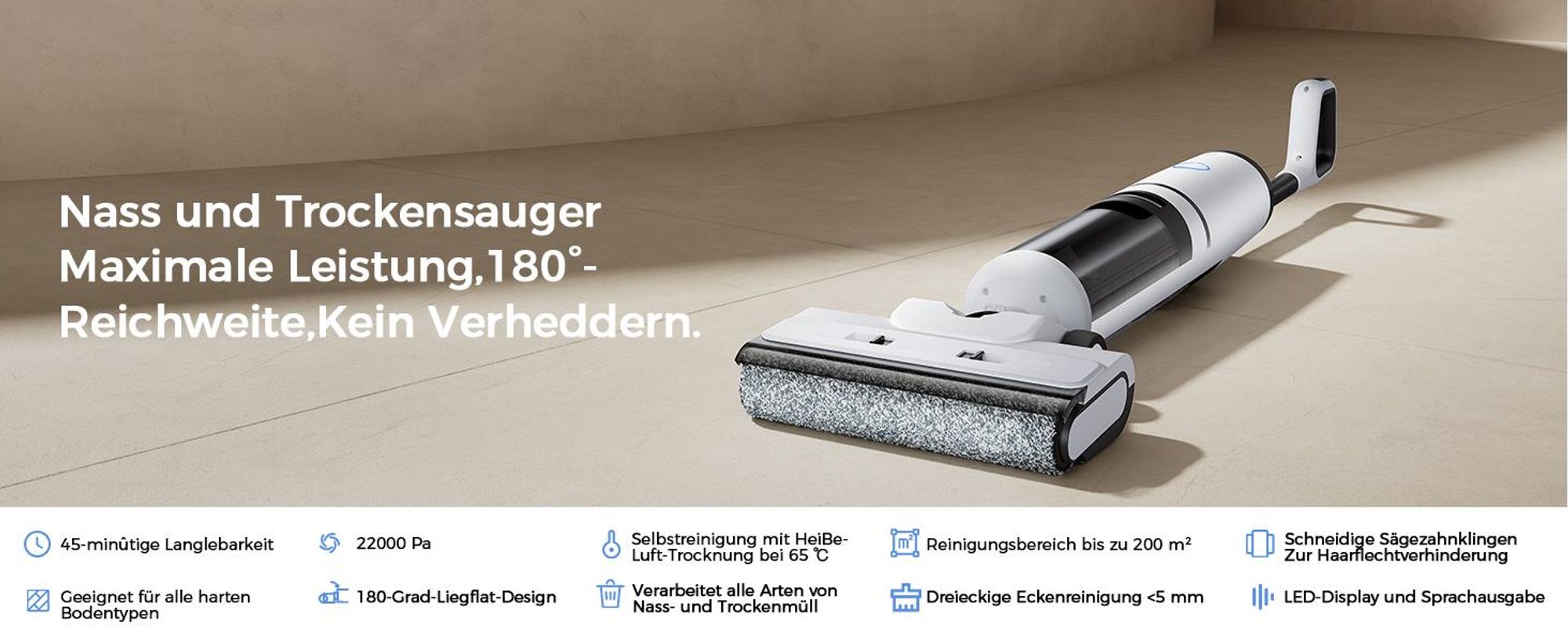 Nass-Trocken-Akkusauger 2026 Nass Trockensauger,180° Lay-Flat- Redkey W15 PRO - 65°C Flashdry,45 Min Laufzeit, 3-seitige Reinigung, 22 kPa Saugeleistu