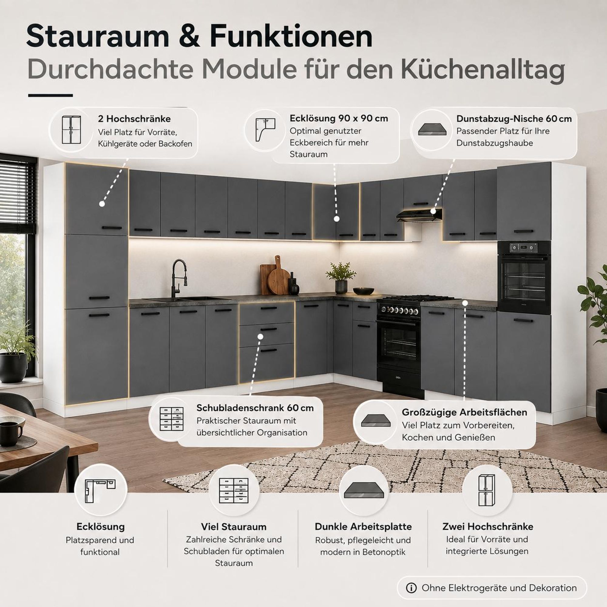 Stauraum und Funktionen mit Hochschränken, Schubladen und Dunstabzug-Nische.
