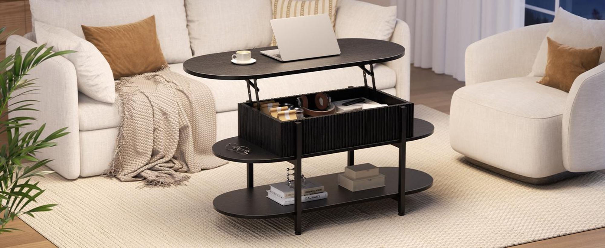 FABATO Couchtisch oval, höhenverstellbar mit verstecktem Stauraum, 3-Etagen-Design in Schwarz
