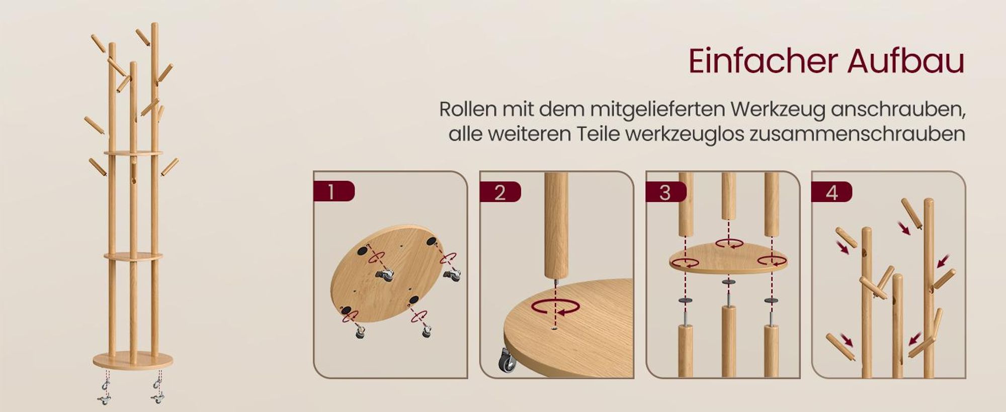Garderobenständer, Kleiderständer mit 11 Haken und 3 Ablagen, 4 drehbare und abnehmbare Rollen, naturfarben