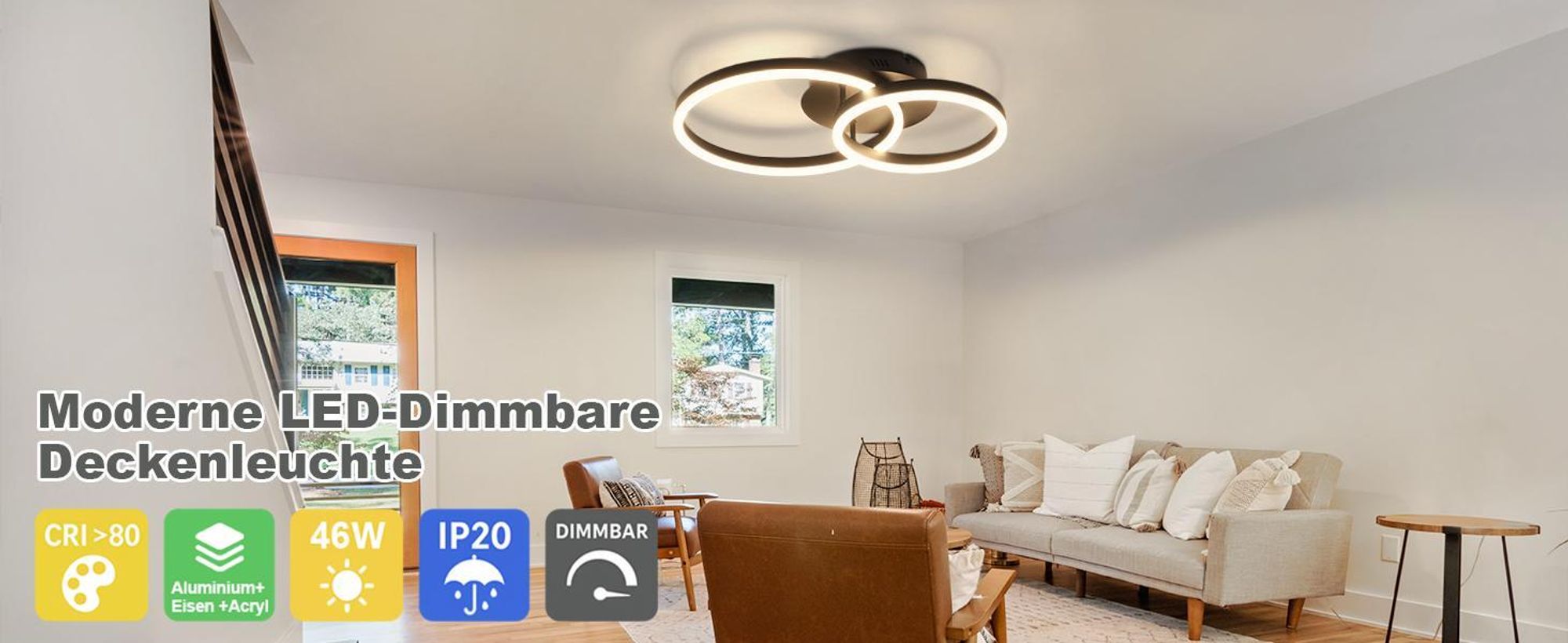 ZMH LED plafoniera 45W dimmerabile con telecomando lampada a soffitto 2 anelli luce interna per soggiorno camera da letto cucina ufficio studio nero