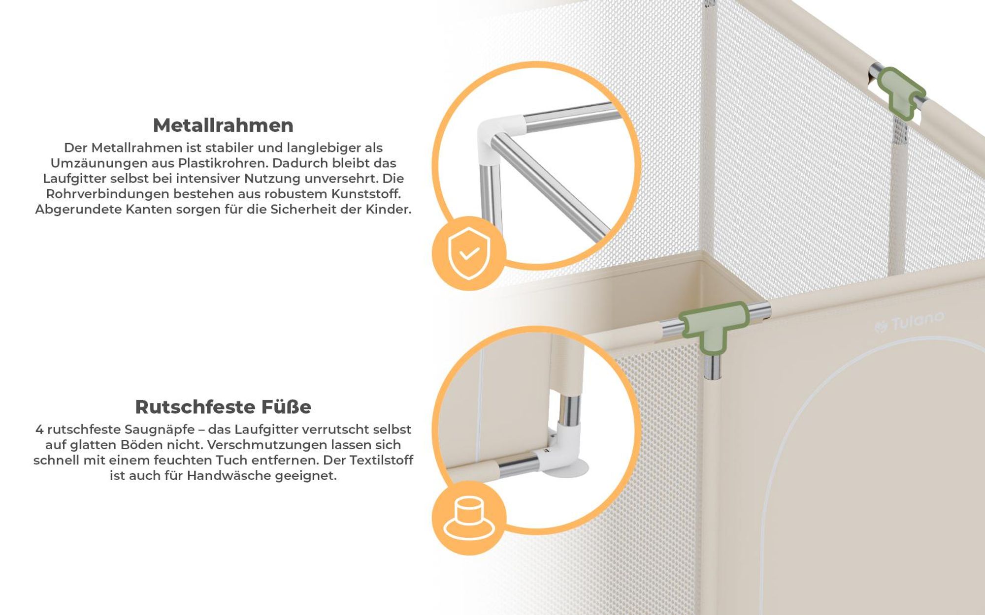 Tulano Cozy 20 Laufstall mit Boden für Kinder, Indoor & Outdoor, Metallrahmen, Netzseiten, rutschfeste Füße, Beige
