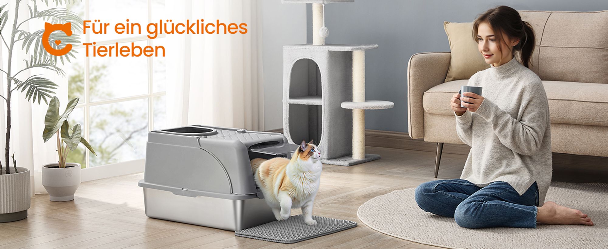 Feandrea Edelstahl Katzenklo, XL, Katzentoilette mit Deckel, mit Schaufel, Bürste und 2 Eingängen, für Katzen bis 15 kg, taubengrau