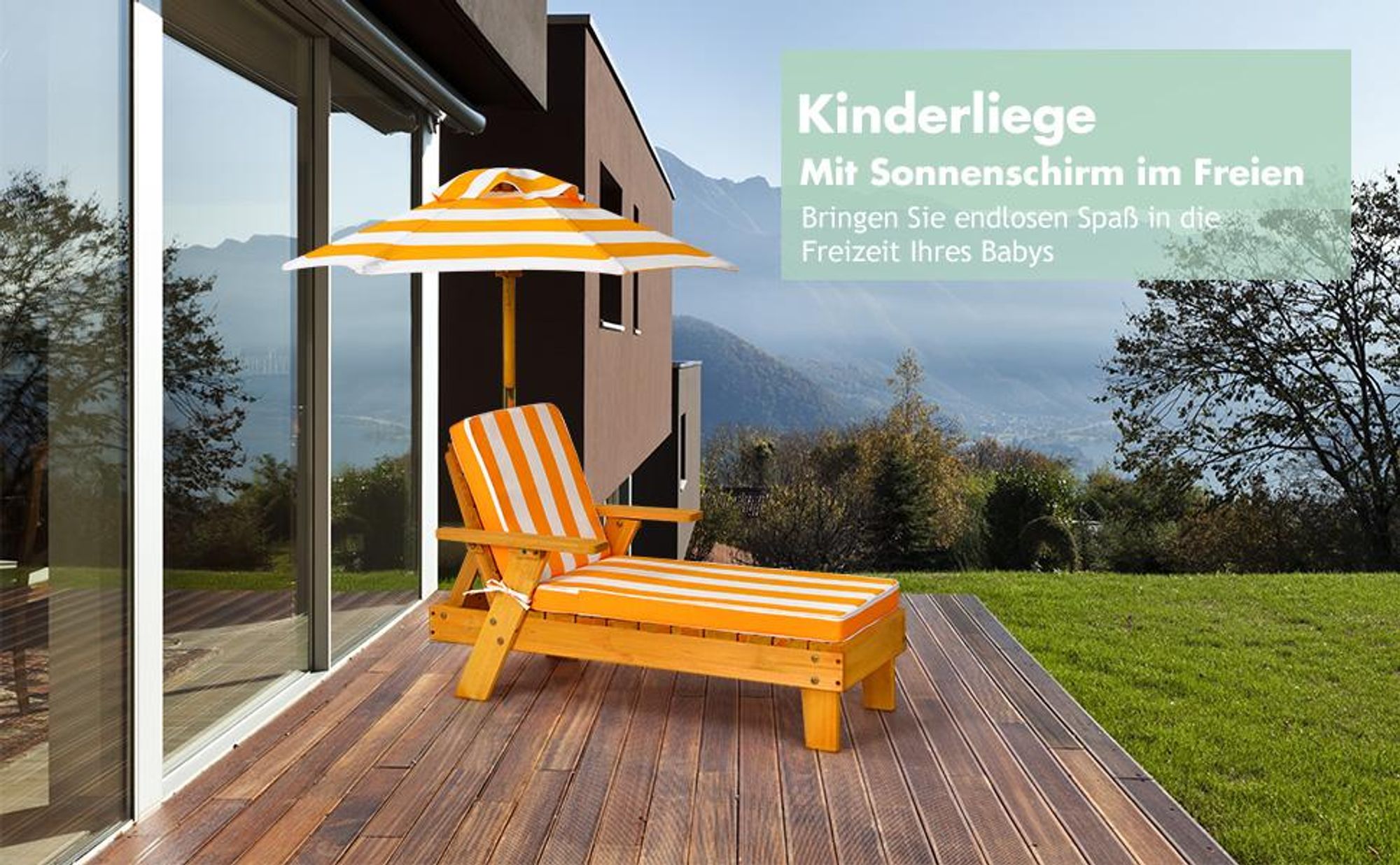 COSTWAY Kinder Sonnenliege mit Sonnenschirm, Kinderliege Holz, Gartenliege belastbar bis 50kg, Strandliege Holzliege, Kinderstuhl mit Kissen 92x49x106cm