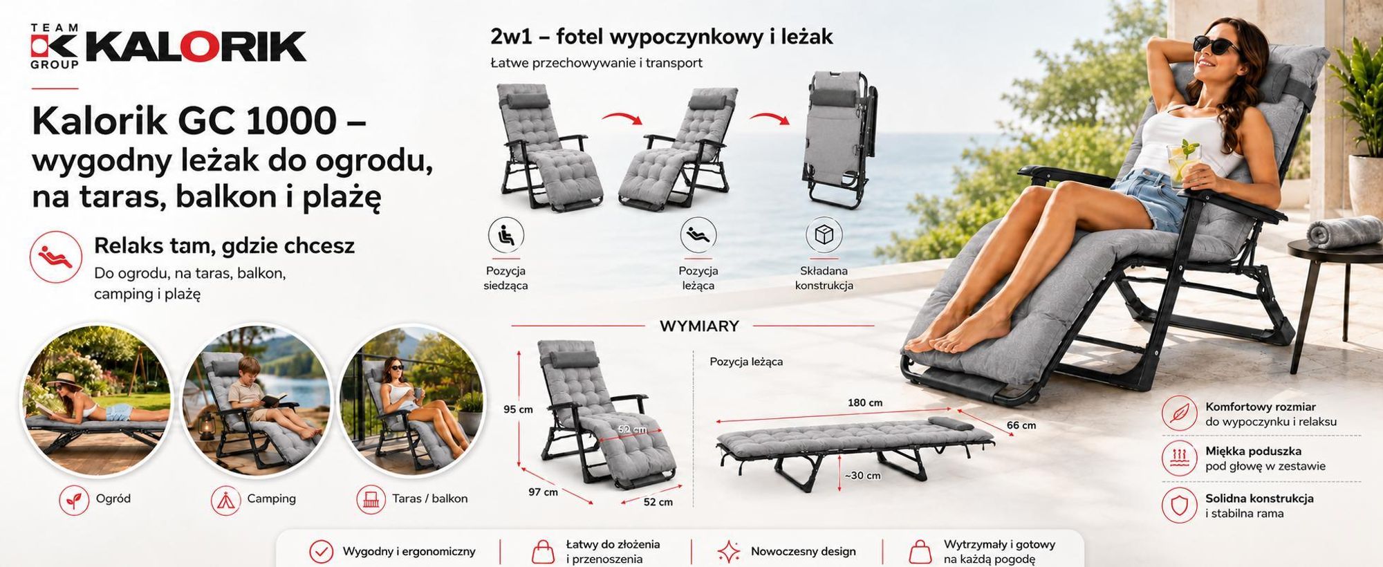 Leżak Ogrodowy Składany Fotel Rozkładany Krzesło Balkonowe 2W1 Z Poduszką