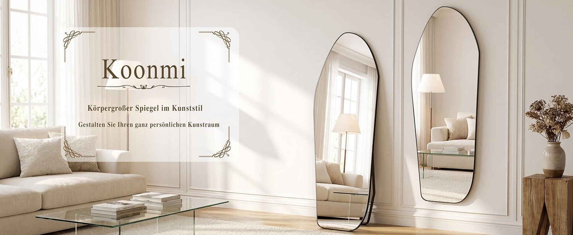 Koonmi Ganzkörperspiegel 170 x 60 cm Schwarz, unregelmäßige Diamantform, mit Ständer, zum Anlehnen oder Aufhängen, Aluminiumrahmen