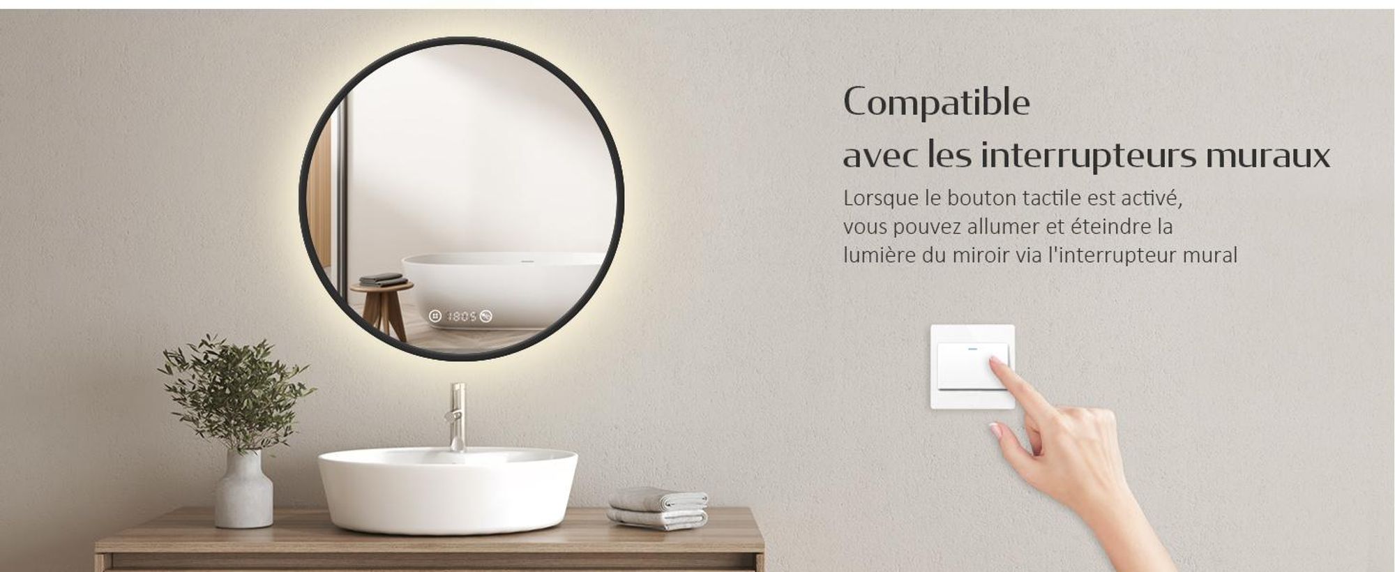 EMKE Miroir de salle de bain rond LED avec éclairage ф60cm Miroir de salle de bain noir rond avec antibuée, horloge, température, variateur, fonction mémoire - Lumières neutres 4300K