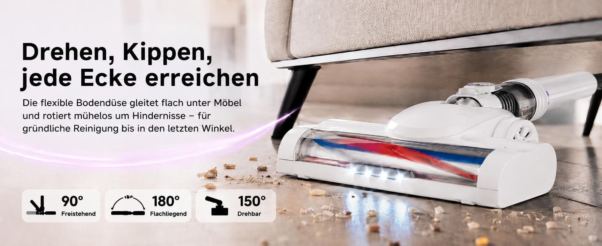 Akku Staubsauger, 500W/32000 Pa Staubsauger kabellos mit HEPA ,45 Min, kabelloser Staubsauger,Anti-Tangle-Staubsauger, Handstaubsauger für Tierhaare