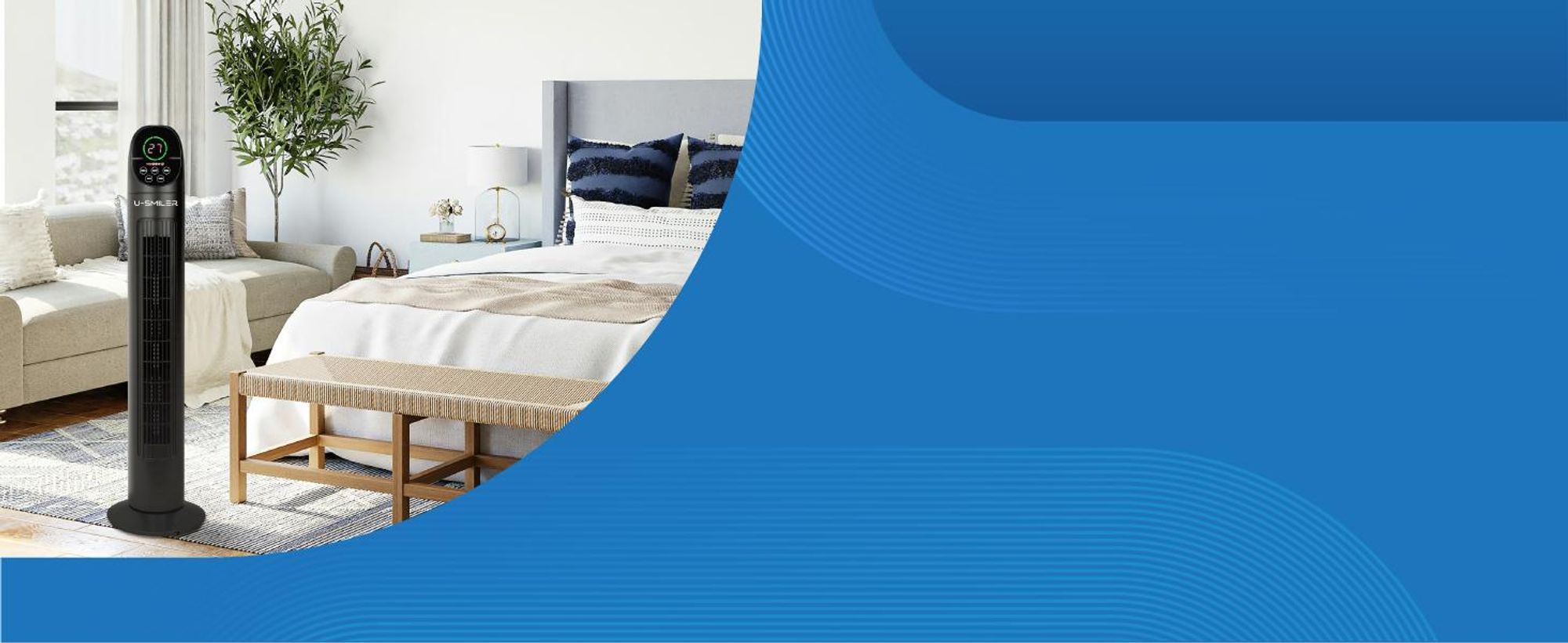 U-SMILER Turmventilator Leise 45W mit Fernbedienung, LED Display, 3 Modi & 3 Stufen, 90° Oszillation, Timer, 101 cm