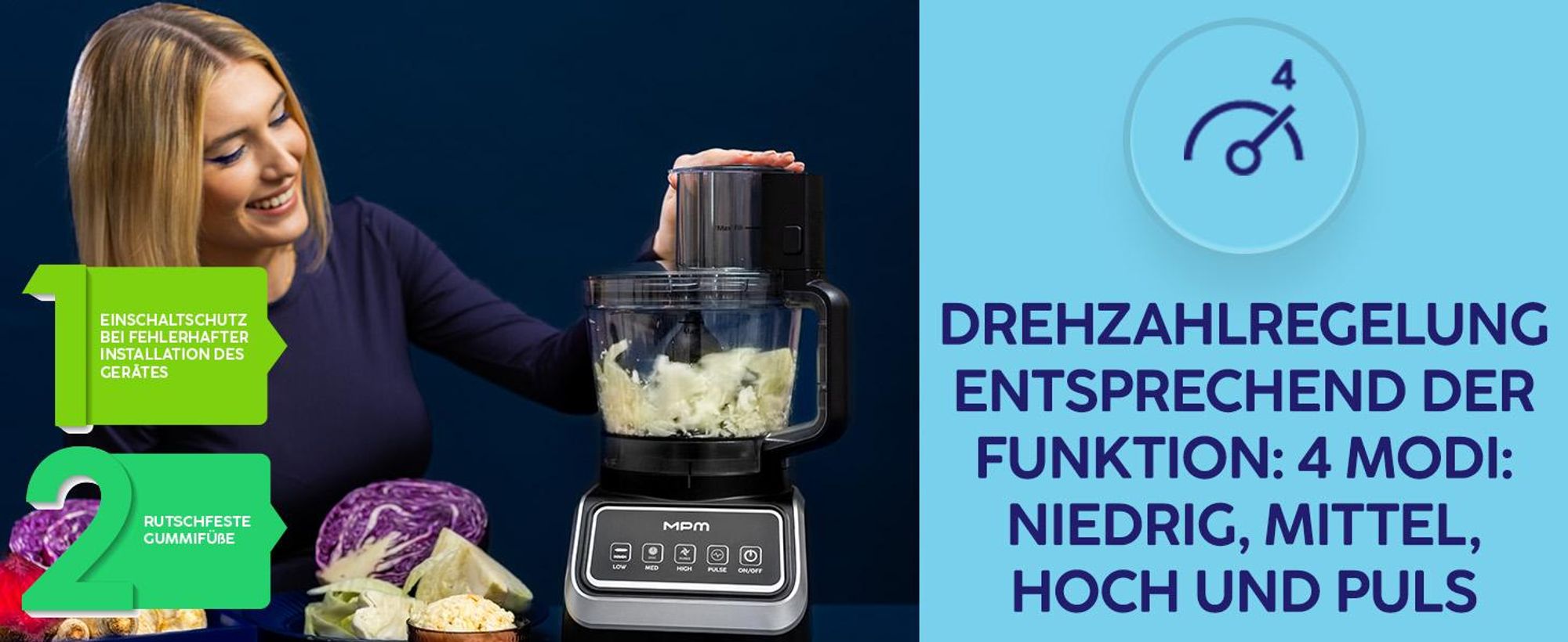 MPM Küchenmaschine 2000W Food Processor 11in1 Mixer Blender Zerkleinerer Reibe Entsafter Eiscrusher 2,6L 1,5L, Kartoffelpuffer, Edelstahl MRK-27