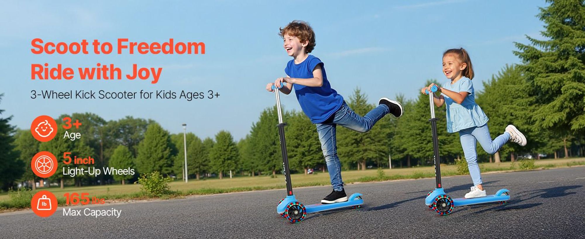 VEVOR Scooter (3 Räder) ab 3 Jahren, Cityroller Kinderroller mit leuchtenden Rädern & höhenverstellbarem Lenker & rutschfestem Deck & leichtem Aluminiumrahmen, Tretroller bis zu 75 kg, Blau
