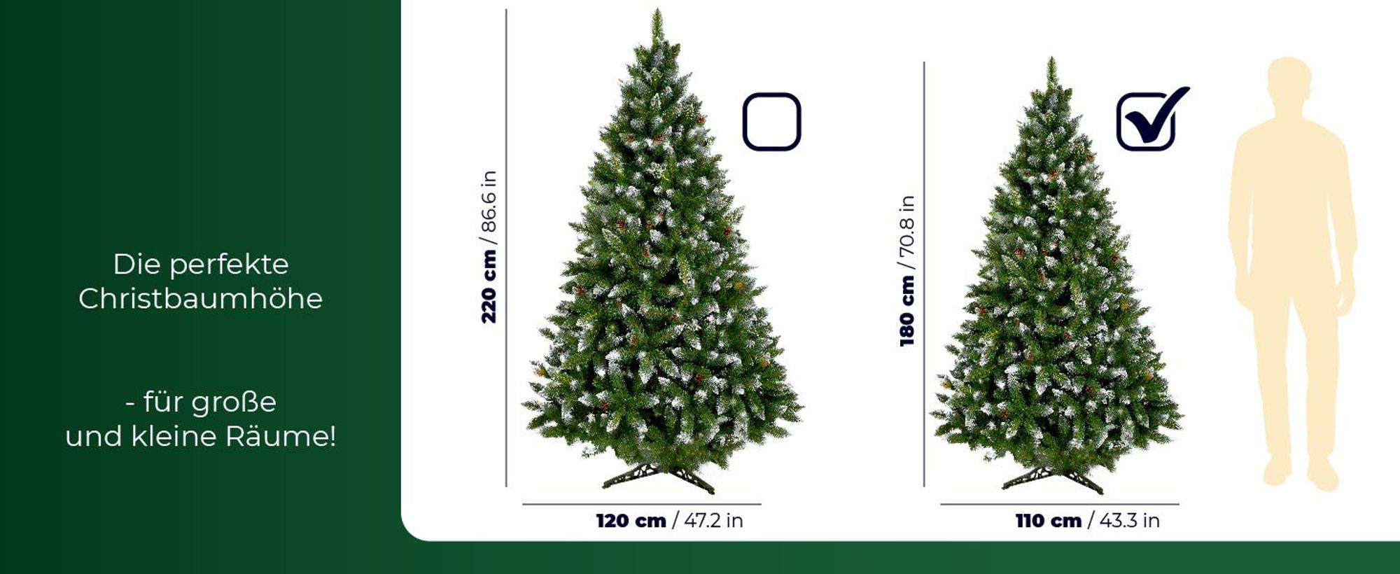 KADAX künstlicher Weihnachtsbaum 180 cm mit Raureif und Zapfen, grün Tannenbaum mit 391 Zweigen
