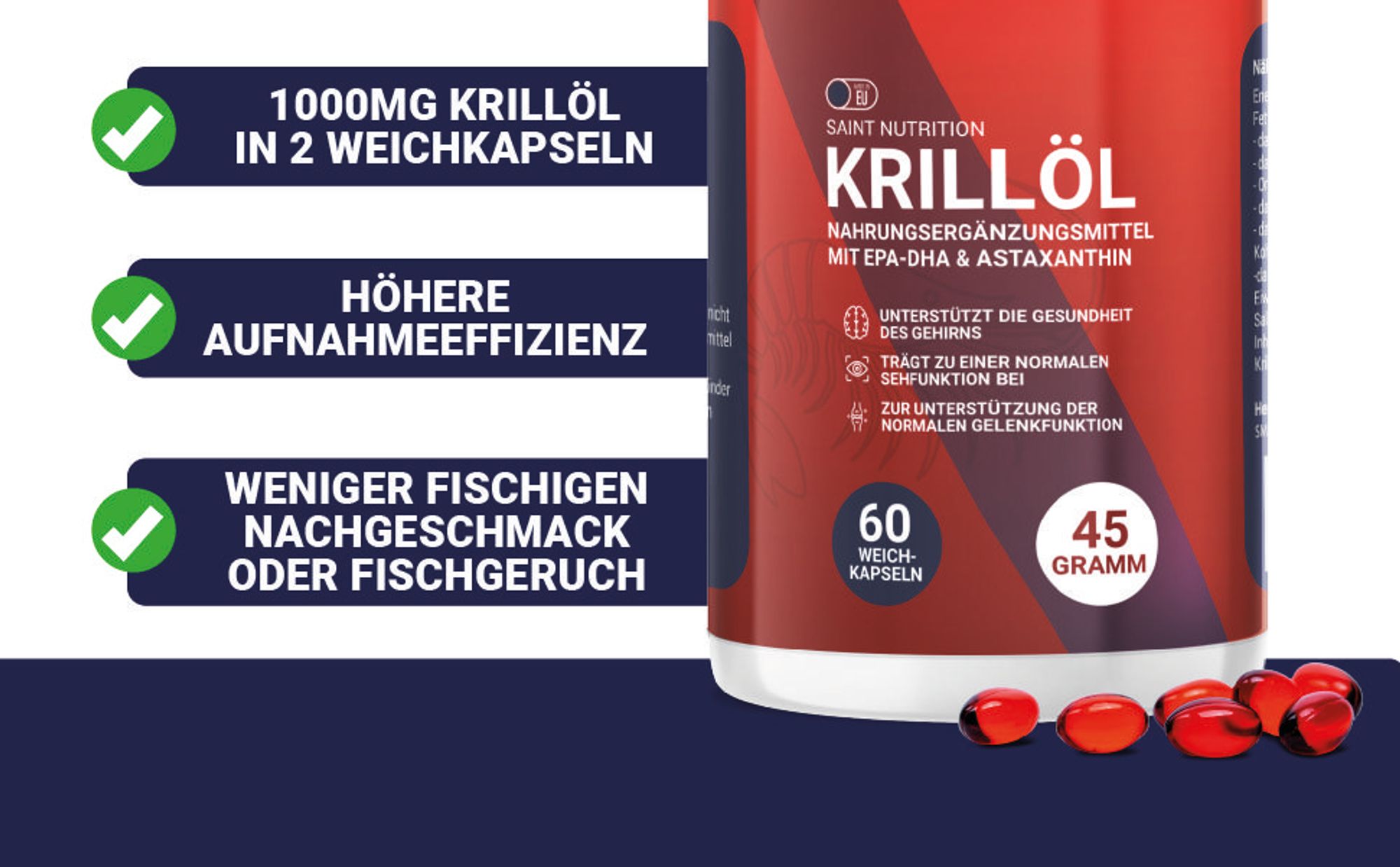 Saint Nutrition® Krillöl – Omega 3 - Astaxanthin – Entzündungen reduzieren – kann bei Arthrose helfen – Krill Öl – Nahrungsergänzungsmittel – Kapseln