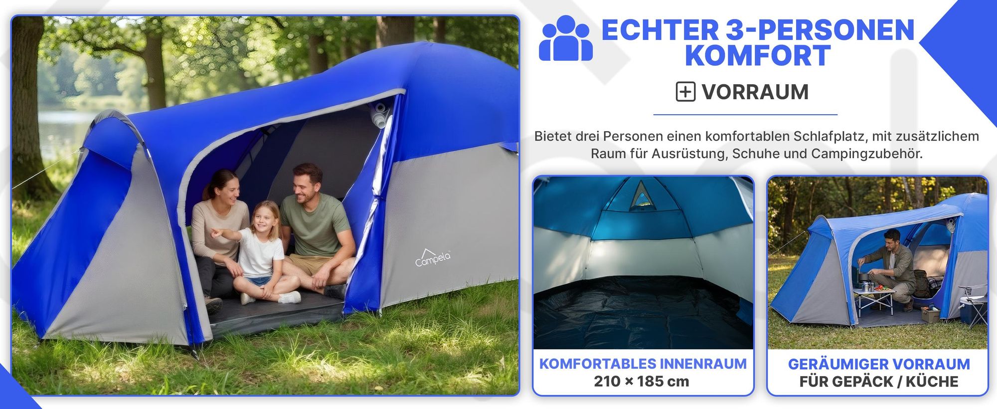 3-Personen Campingzelt Iglu – wasserdicht 3000 mm – mit Vorraum und Moskitonetz – Grau/Blau
