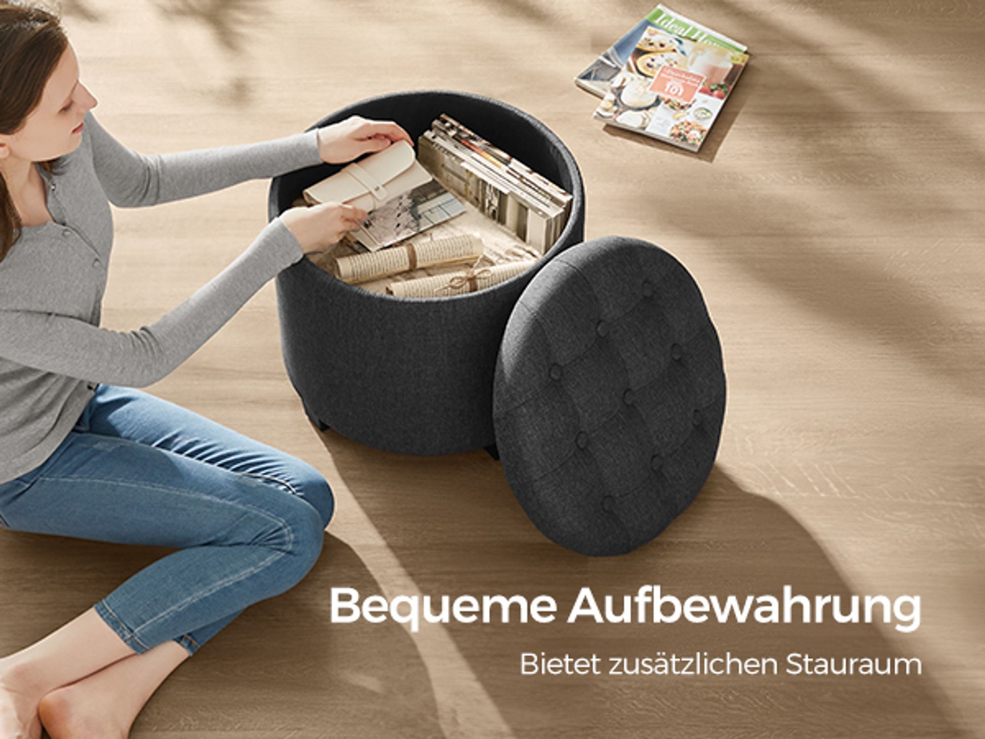 SONGMICS Sitzhocker rund, Fußhocker mit Stauraum, Schminkhocker mit Beinen, 45 cm d, 44,5 cm H, bis 150 kg belastbar