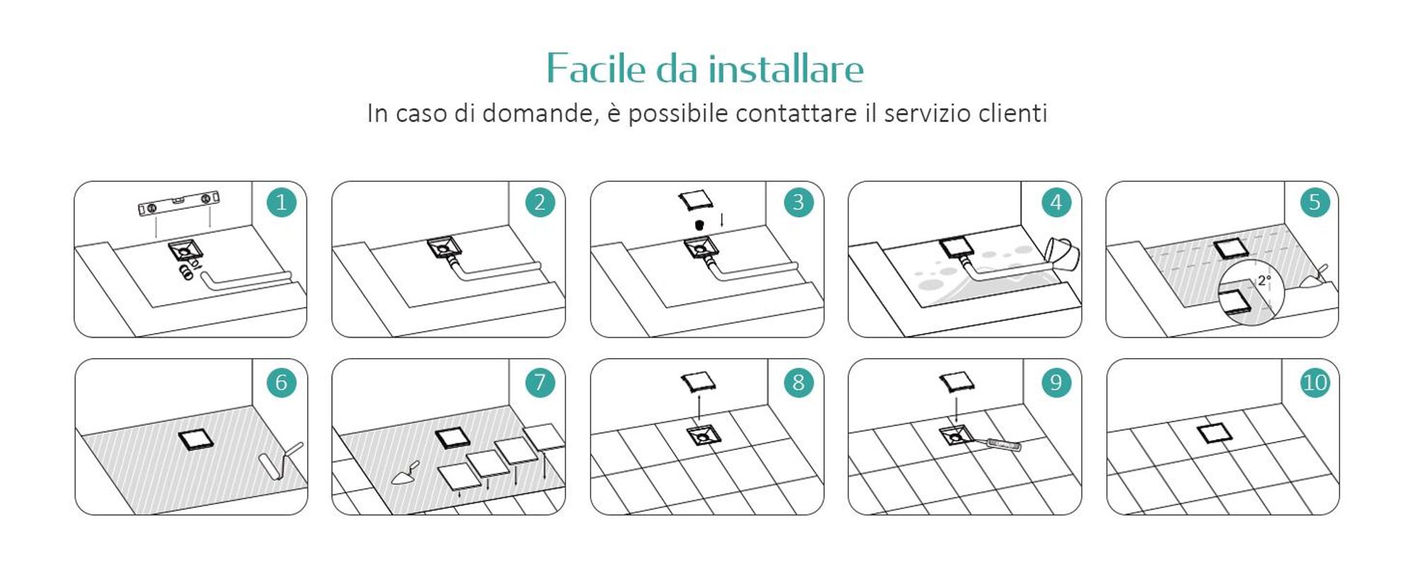Set di scarico a pavimento EMKE in acciaio inox angolare 152 x 152 mm con sifone antiodore e filtro per capelli, set di fori per lo scarico della doccia