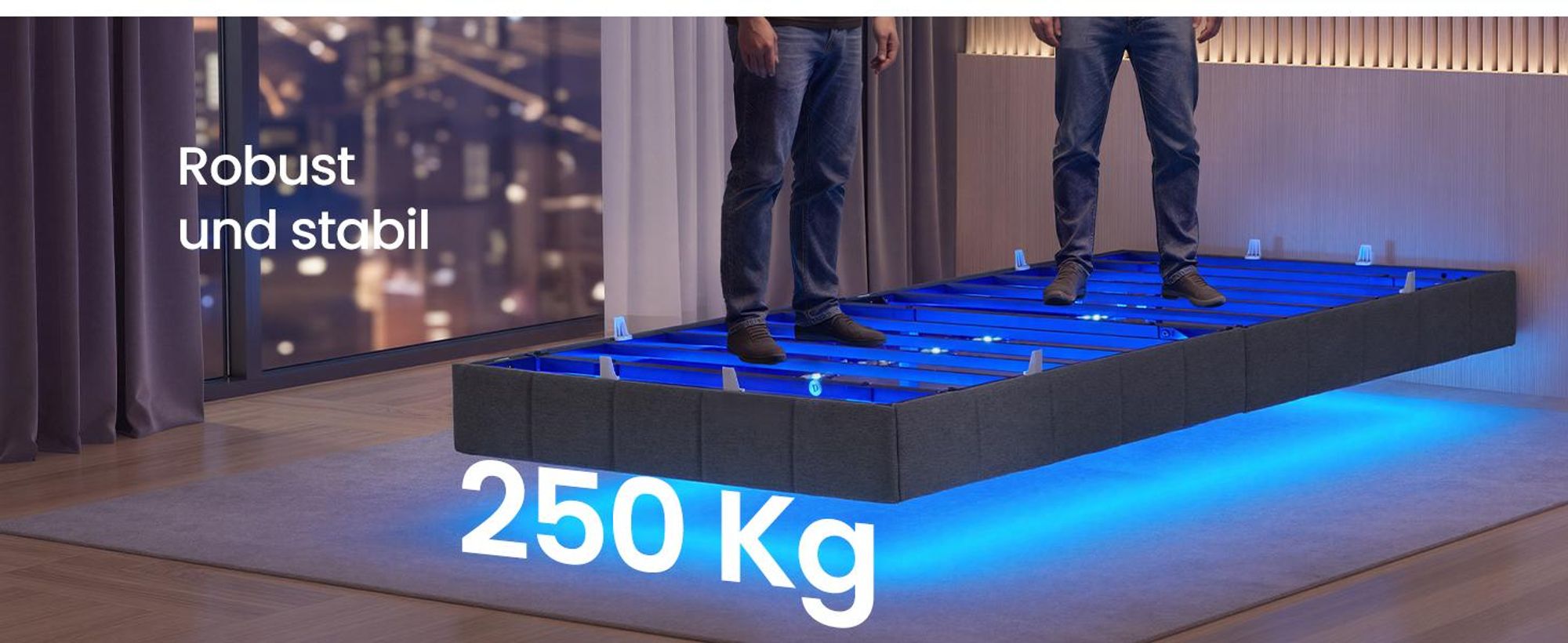 VASAGLE Bettrahmen 90 x 200 cm, mit LED-Beleuchtung, Bettgestell, schwebender Effekt, Steckdosenleiste, grau