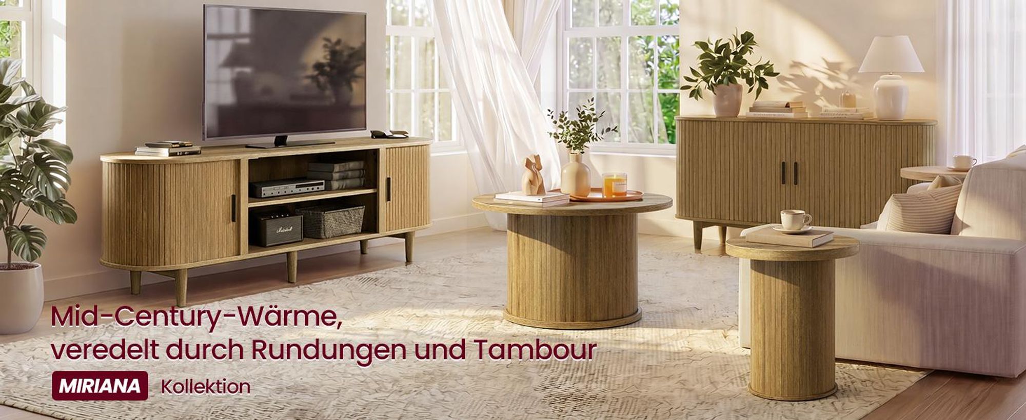 VASAGLE MIRIANA Kollektion - Couchtisch rund, Wohnzimmertisch, Kaffeetisch, Tambour-Design, Mid-Century-Modern-Stil, einfache Montage, für Homeoffice