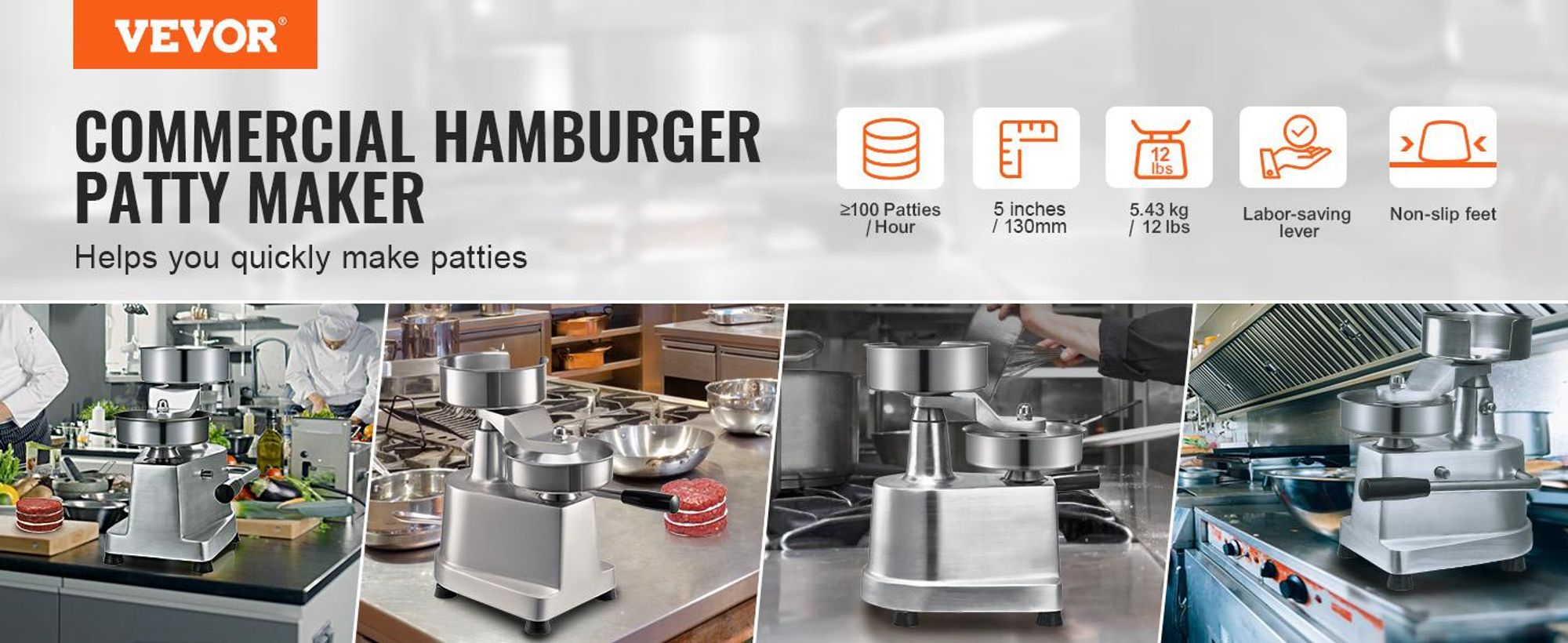 VEVOR Gewerblicher Burger-Patties-Maker, Hamburger-Rinderpatties-Maker mit 3 umwandelbaren Formen (4/5/6 Zoll), Hochleistungs-Edelstahl-Burgerpresse, Fleischformmaschine mit 1500 Patties-Papieren, 130 mm, 5 Zoll