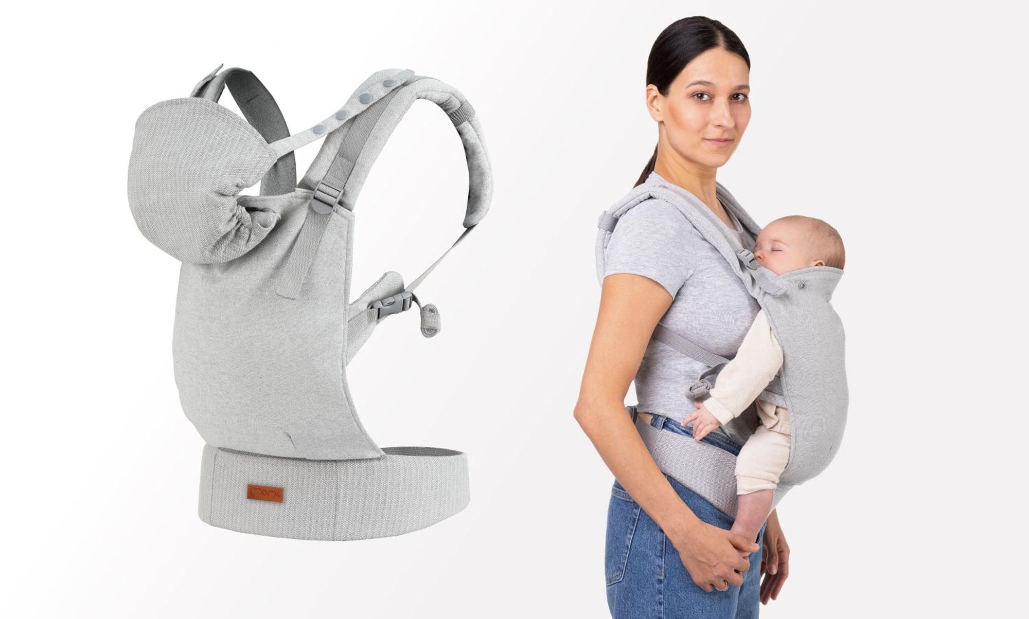 MoMi COLLET – Ergonomische Babytrage für vorne & hinten, verstellbar, bis 15 kg, physiologisch & rückenschonend, mit Kapuze & Tasche – Grau