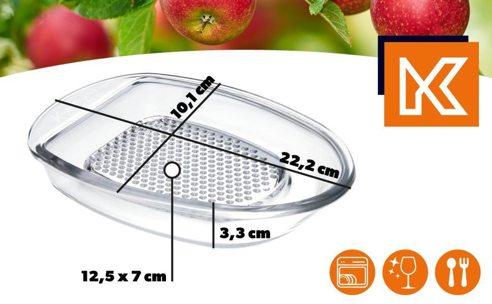 KADAX Obstreibe aus Glas ”Livorno”, ovale reibe für nahrung, Apfelraspel, Glasreibe, 22 cm, Tranpare