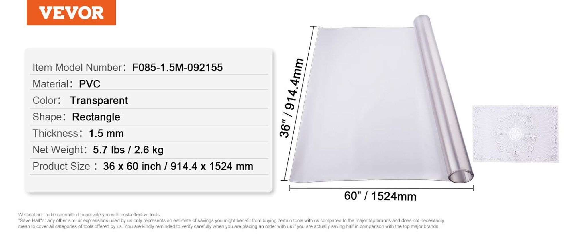 VEVOR Kunststoff-Tischdecke, 91,4 x 152,4 cm, 1,5 mm dick, mattierter Tischschutz, rechteckige PVC-Schreibtischunterlage, wasserdichte und leicht zu reinigende Schreibtischunterlage, Tischdecke,