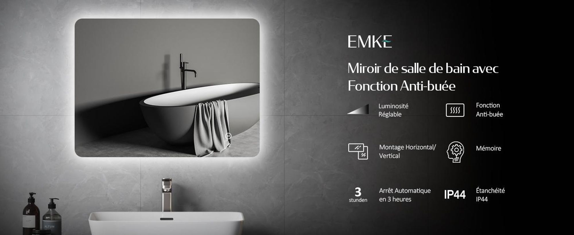 EMKE LED Miroir de salle de bain 80x60cm Miroir de salle de bain avec éclairage blanc froid Miroir de salle de bain lumineux Miroir mural avec interrupteur tactile + antibuée