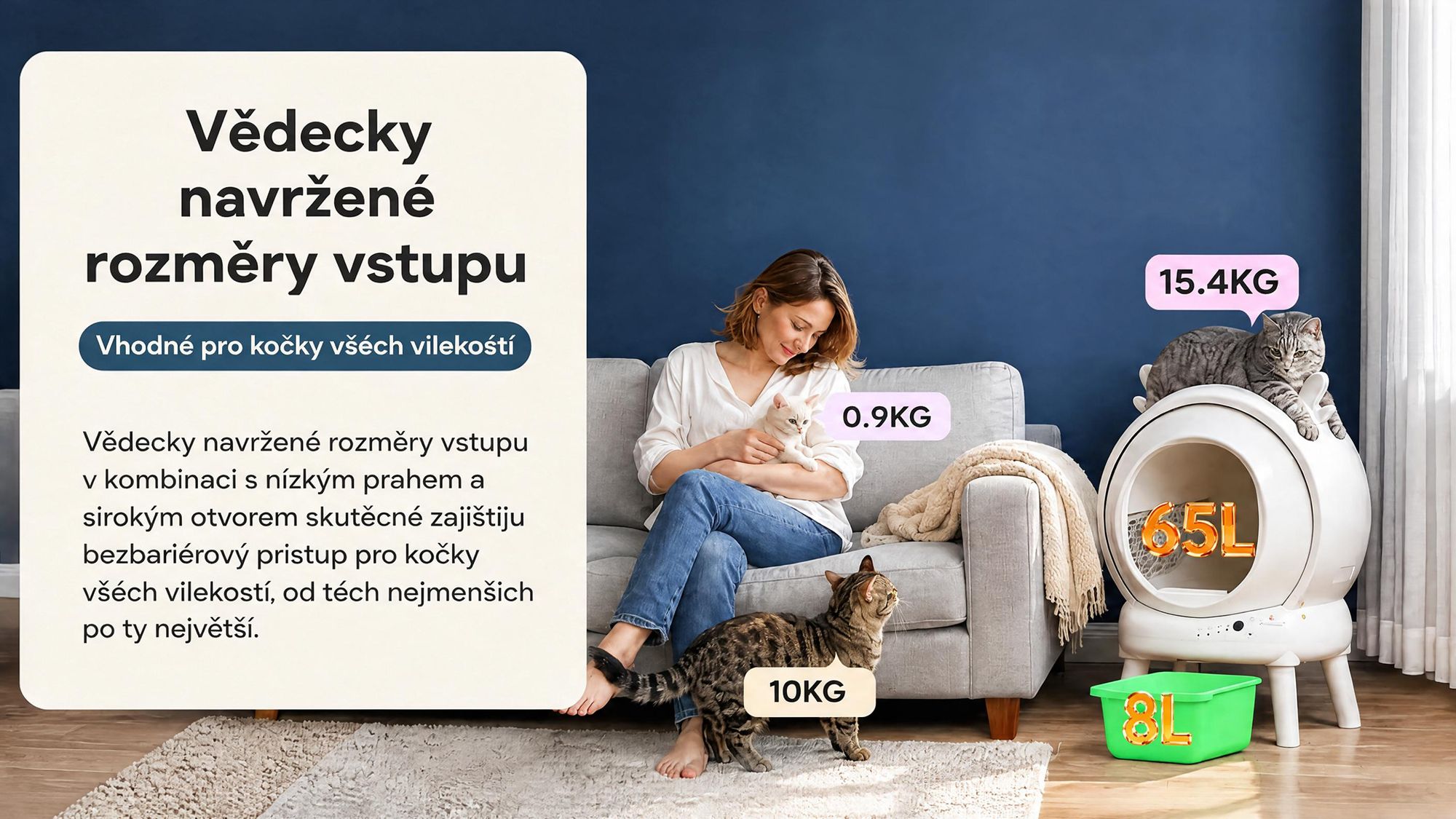 Samočistící kočičí toaleta XXL 65 l, automatická, ovládání přes aplikaci, 9 čidel proti zaseknutí, neutralizace zápachu, až 15 dní, pro více koček