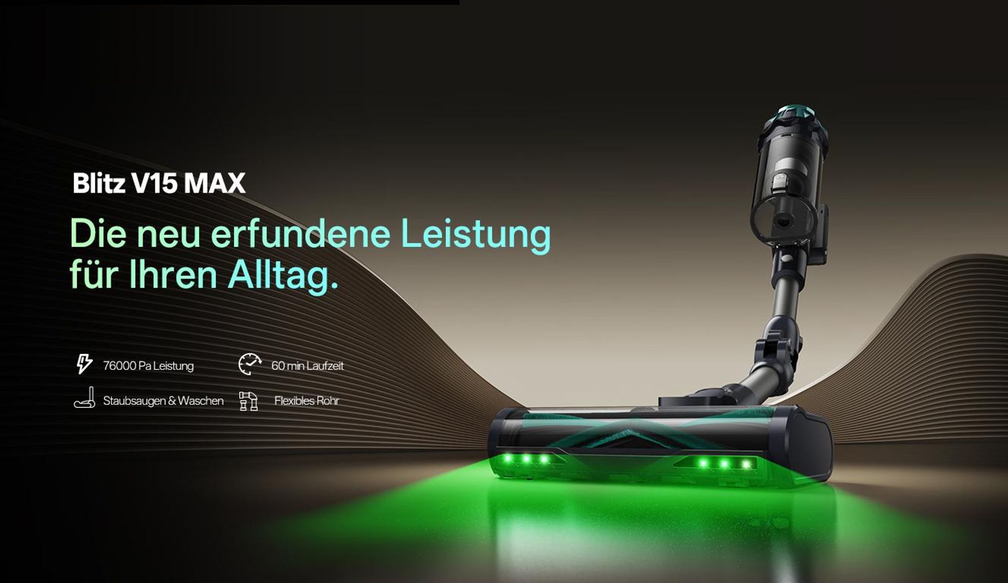 Vactidy V15 MAX Akku Staubsauger mit Wischfunktion, 76KPa/ 600W/65Min Staubsauger Kabellos, Knickrohr, Wandladestation, GreenEye