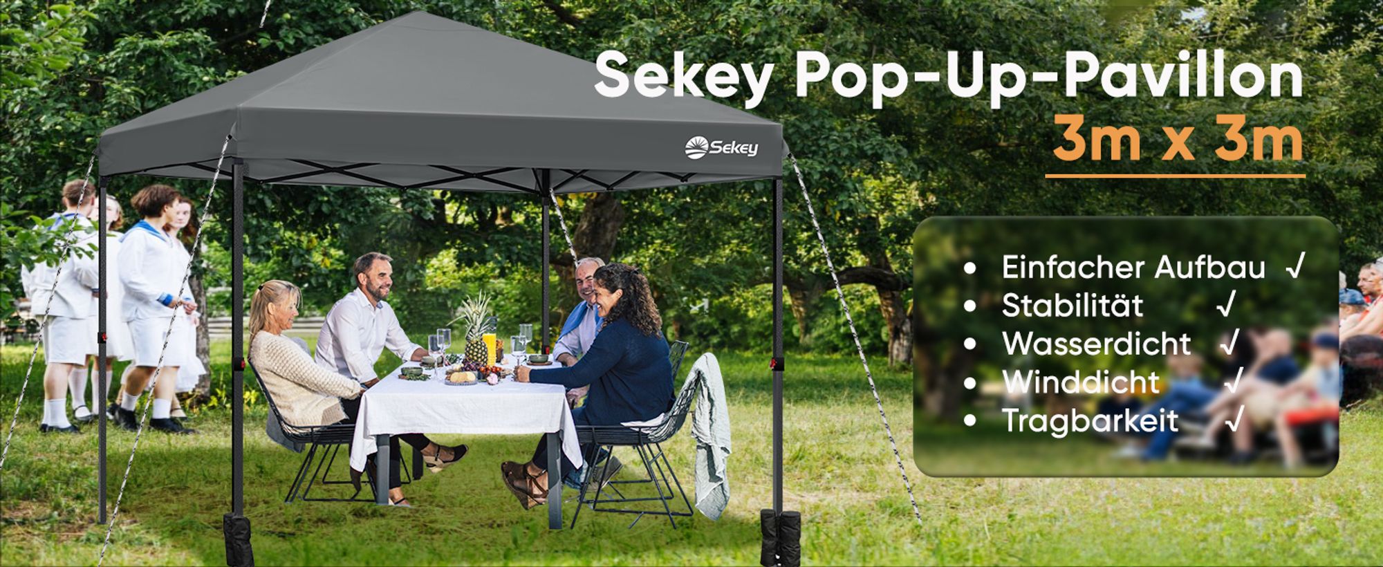 Sekey Faltpavillon 3x3 wasserdicht, Pop Up Pavillon mit 4 Sandsäcken, UV-Schutz 50+ Pavillons & Partyzelte Festzelt, Grau