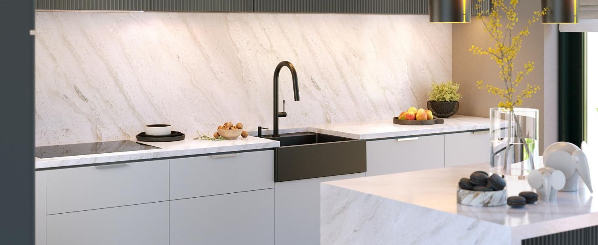 QUADRON Spülbecken 2-Becken Spüle | Größe: 59,5 x 54 x 20,5 cm | BILL 110 | Granitspüle aus GraniteQ mit Siphon | Weiß + Stahl