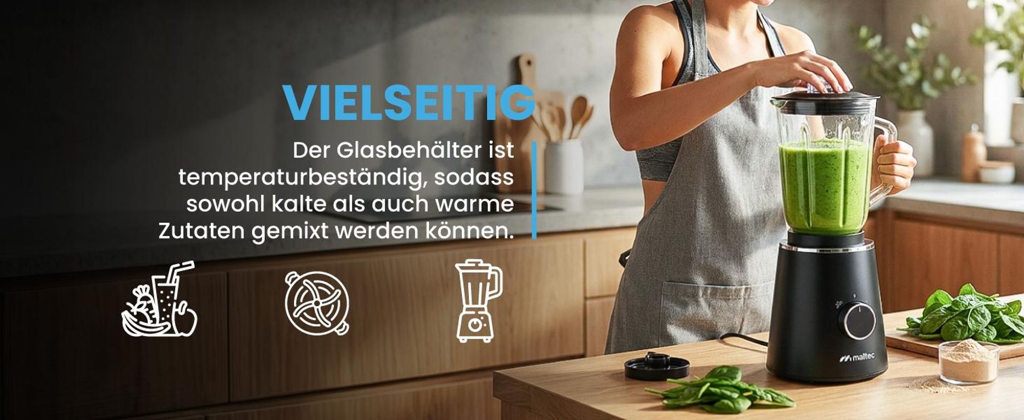 MalTec Standmixer Glas 1,5 L mit 500 ml To-Go-Flasche 1000W 6 Edelstahlklingen, 2 Geschwindigkeiten und Pulsfunktion, rutschfeste Füße  für Smoothies Suppen
