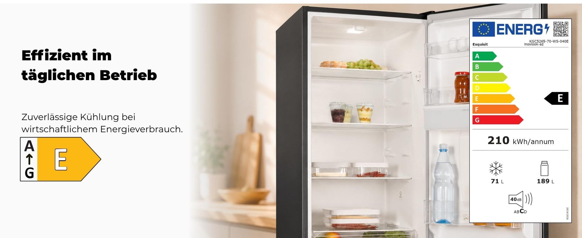 Kühl-Gefrierkombination | KGC5265-70-WS-040E inoxlook-az | 260 l | Automatisch | Elektronisch | Energieklasse E | 40 dB | Inoxlook-az