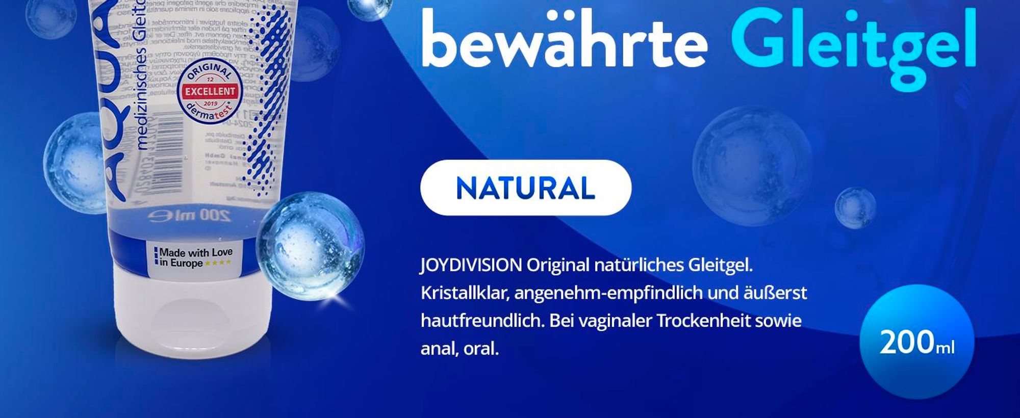 JOYDIVISION Original AQUAglide 200 ml Gleitgel Natural, Kristallklares & Veganes Gleitmittel, Ph-optimiert und Latex- Kondom -Kompatibel