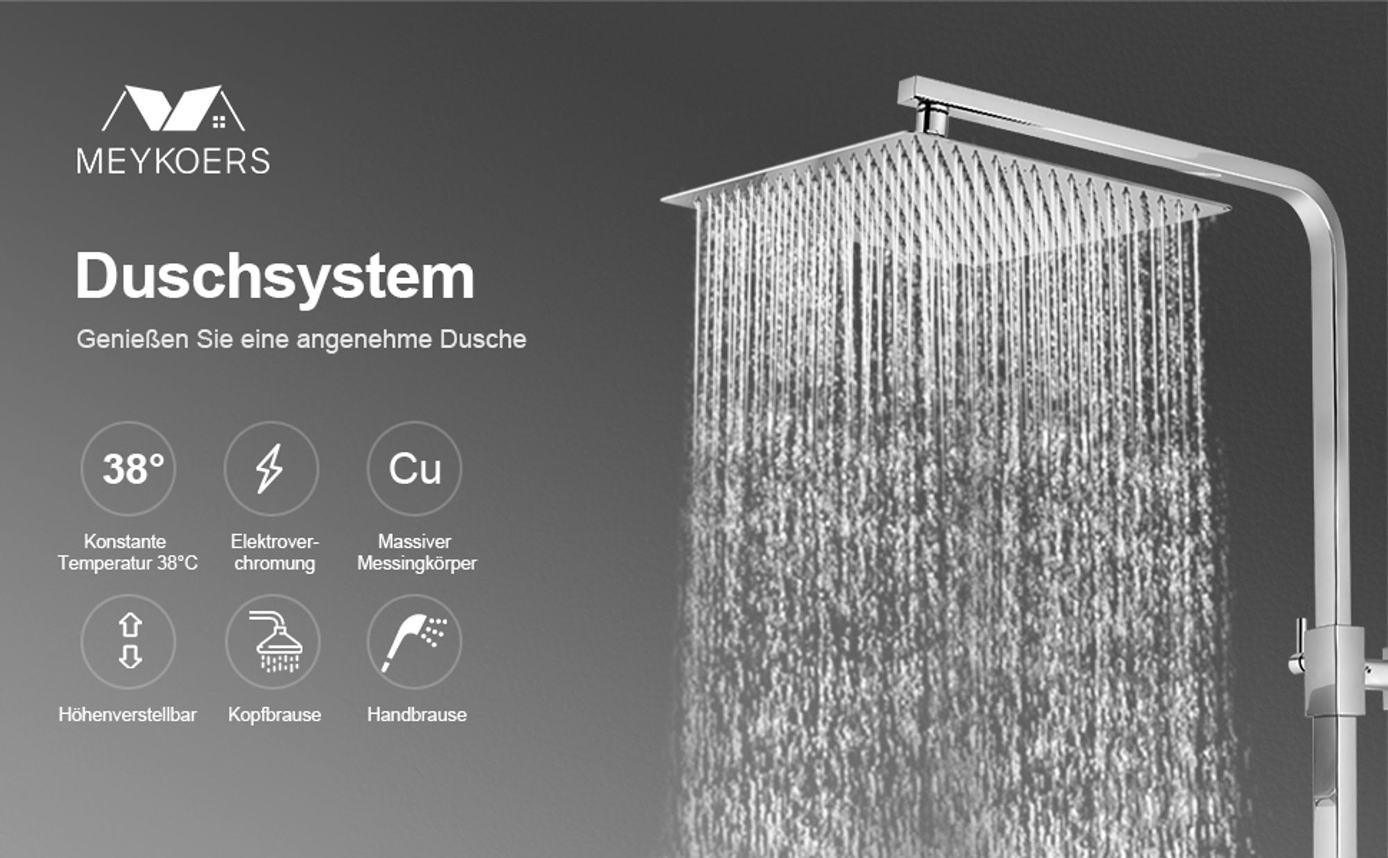 Heilmetz Regendusche Duschsystem mit Thermostat, 30x30cm Edelstahl Duschset, Höhenverstellbar (Chrom/Eckig)