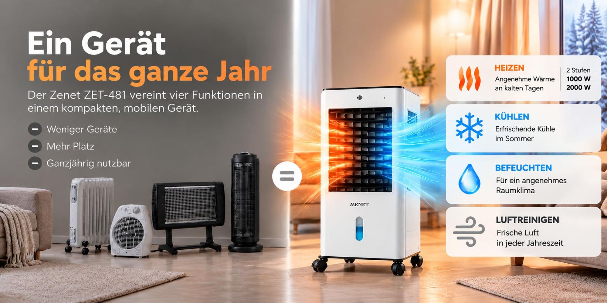 Mobiles Klimagerät 4in1 Heizen, Kühlen, Luftreinigen, Befeuchten ZENET ZET-481, 2000W Heizfunktion, 6L Wassertank, Fernbedienung