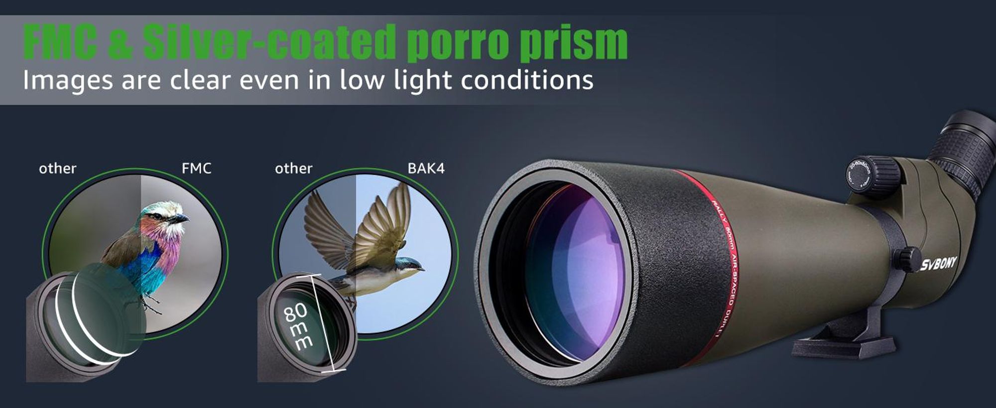 Svbony SV13 pozorovací dalekohled, dalekohled 20-60x80, vodotěsný pozorovací dalekohled HD s přenosným pouzdrem, optika Porro Prism FMC úhlová